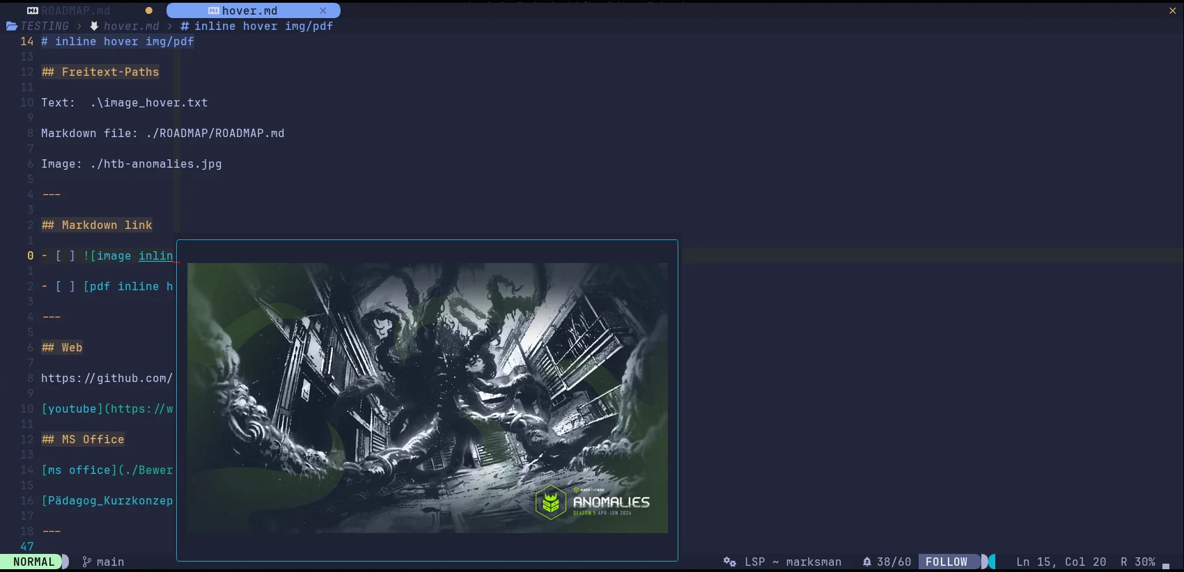 hover.nvim: An image link: with images.nvim in a graphics-capable terminal, the picture itself is drawn into the float. Not something a recording can show, hence a screenshot.